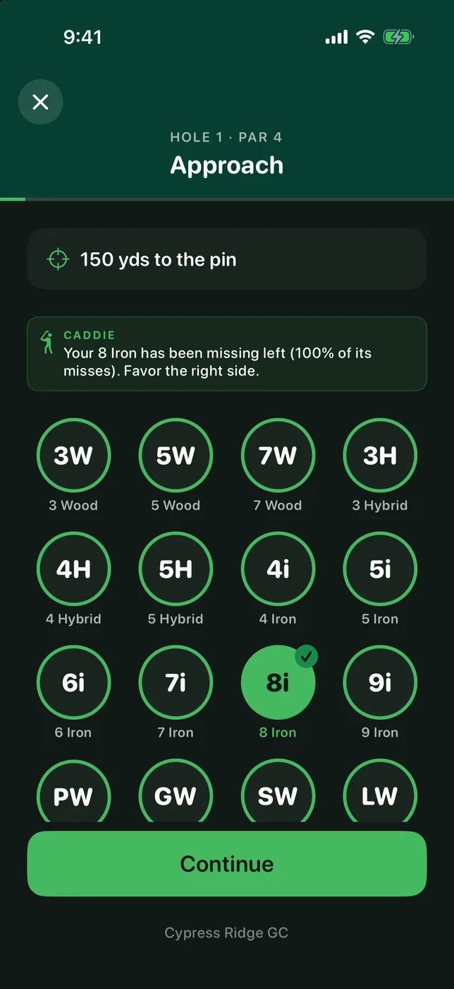 Data Action Golf's in-round caddie pass screen.